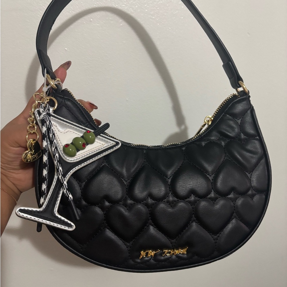 Betsey Johnson Black Heart Shoulder Bag with Martini Bag Charm